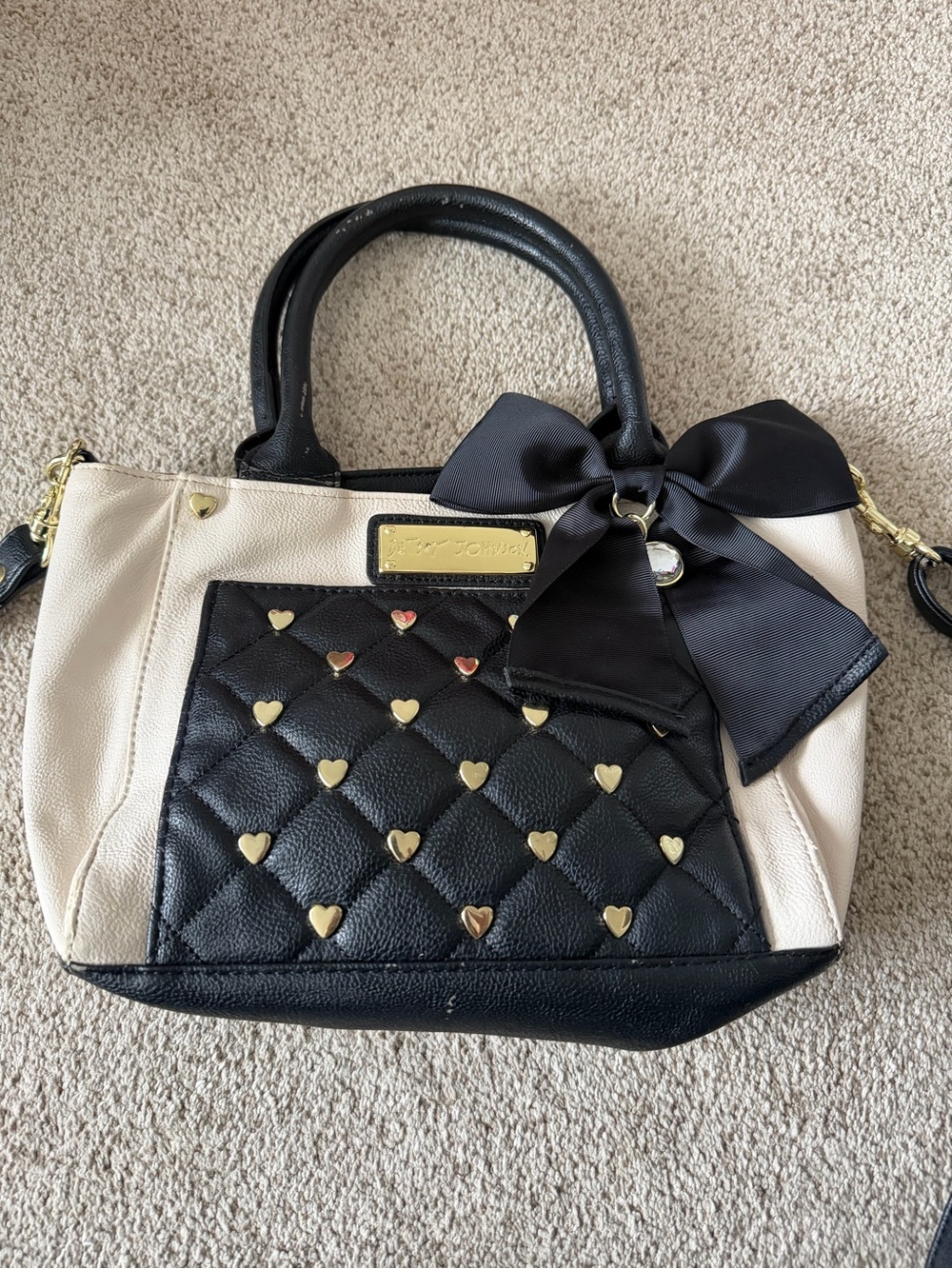 Betsey Johnson Black and Cream Quilted Satchel with Gold Heart Studs and Bow